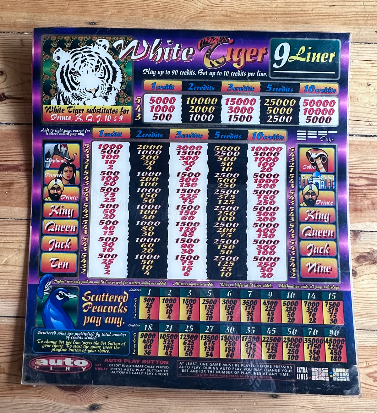 Vintage Aristocrat "White Tiger" 9-Liner Slot Machine Glass Paytable Panel Art (56cm x 50cm)