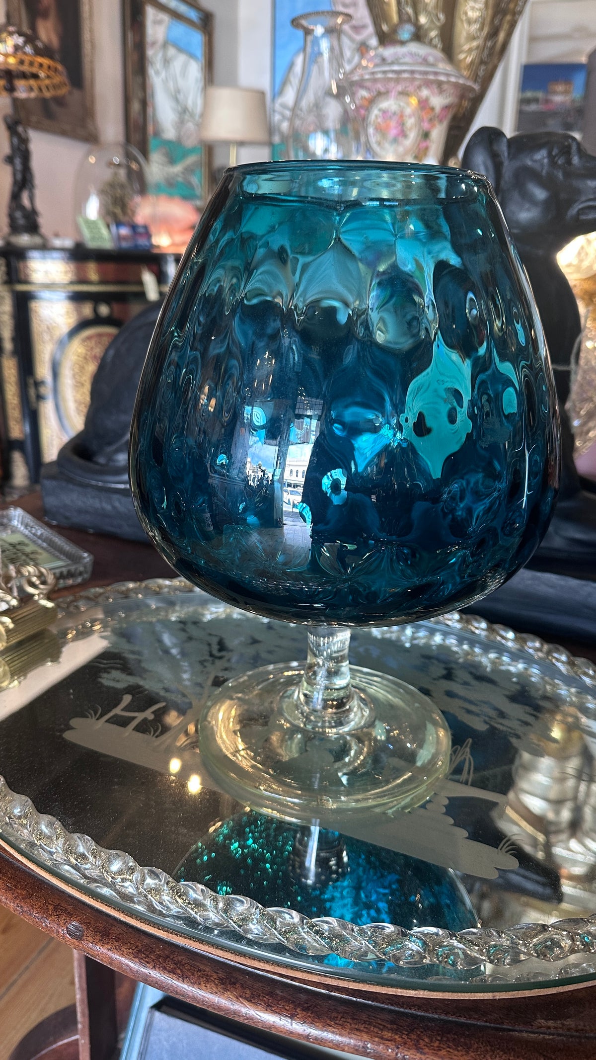 Mid Century Modern Italian Teal Blue Blown Glass Brandy Balloon Goblet Pedestal Vase