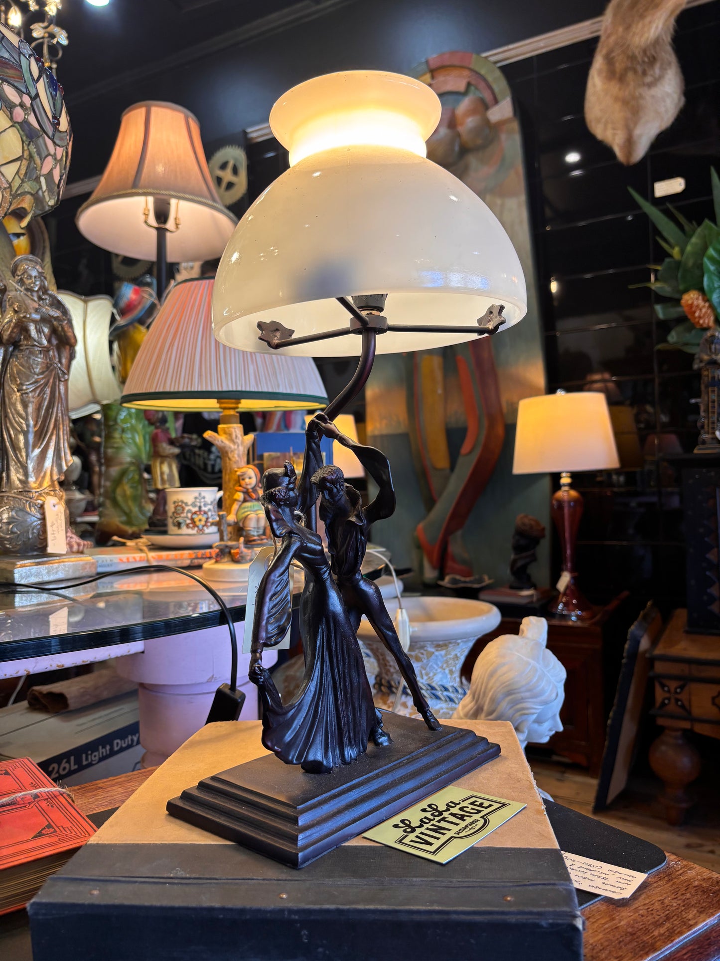 Art Deco Style Bronze Dancer Lamp – Vintage Figural Table Lamp with Frosted Glass Shade