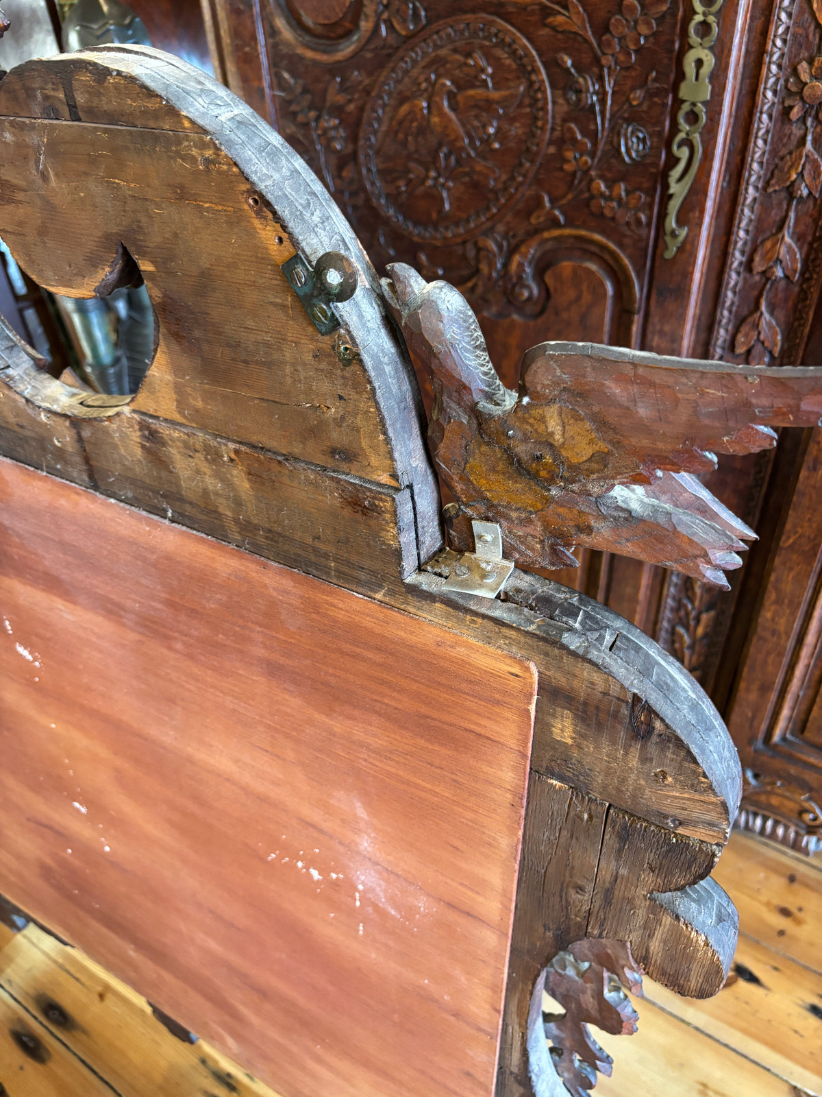 Antique Hand Carved Bird Mirror with Fish | Continental Baroque Revival c.1900 | 124cm