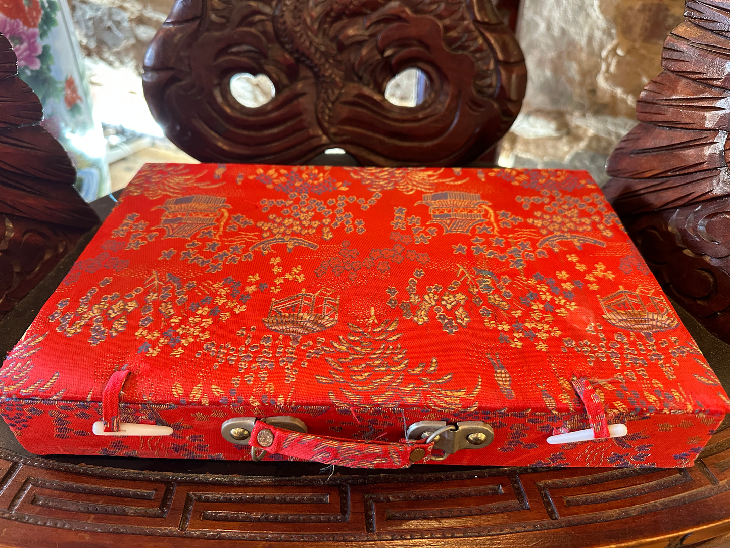 Vintage Mahjong set, including red brocade silk case and "Standard Rules" booklet