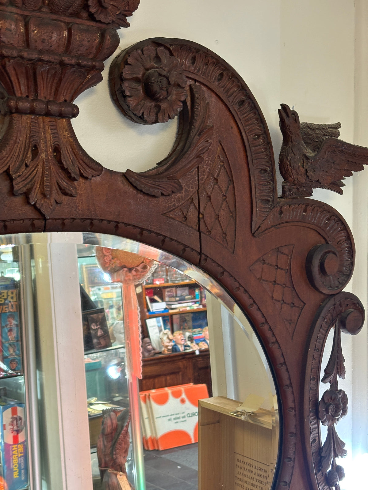 Antique Hand Carved Bird Mirror with Fish | Continental Baroque Revival c.1900 | 124cm