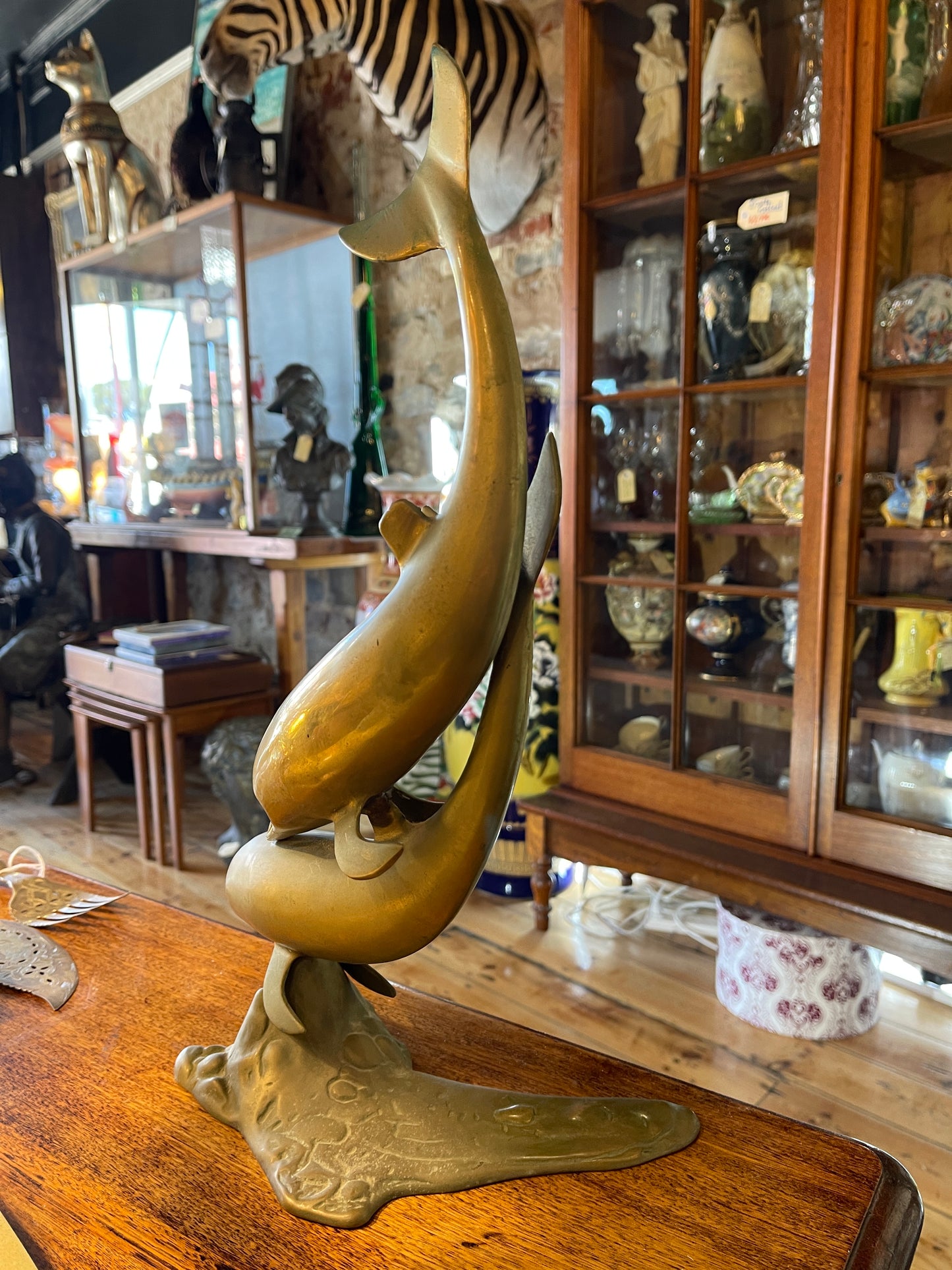 Aged Brass Dolphin Sculpture – 44cm High