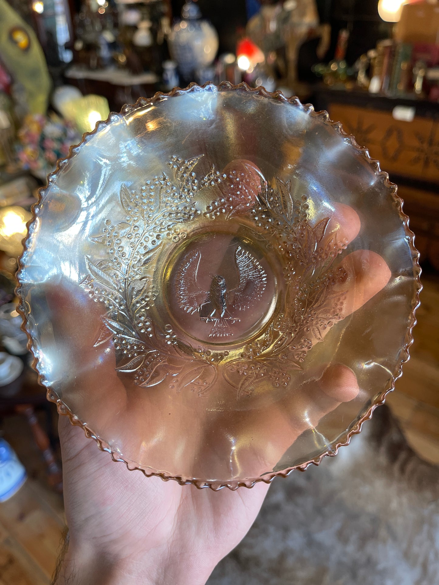 Carnival Glass Bowl Marigold Piping Shrike Bird - Australia 1920s