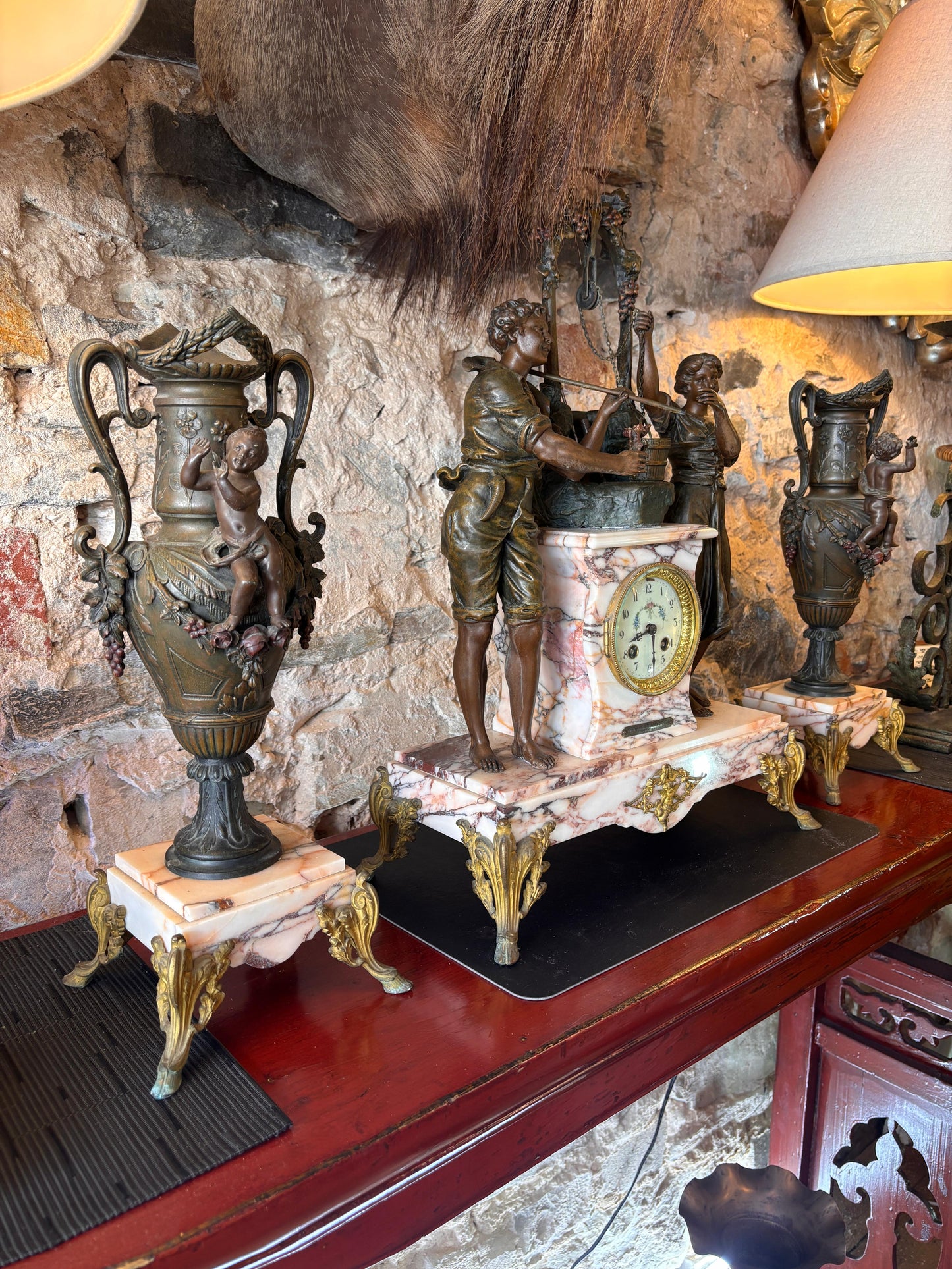 French Antique Marble Figural Clock Garniture – “Rencontre au Puits” by E. Groleau c.1890 – SCAPH Cluses Movement (Not Running)