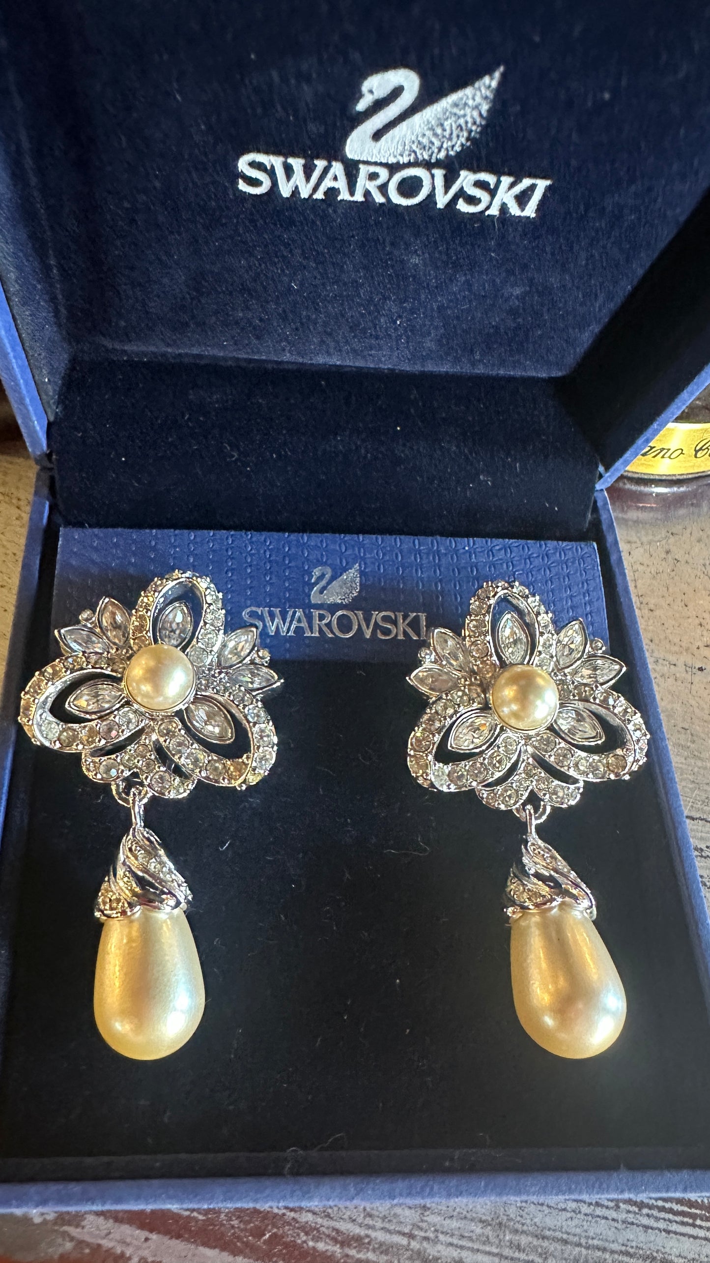 Vintage Swarovski Swan pavé crystal floral faux pearl drop earrings