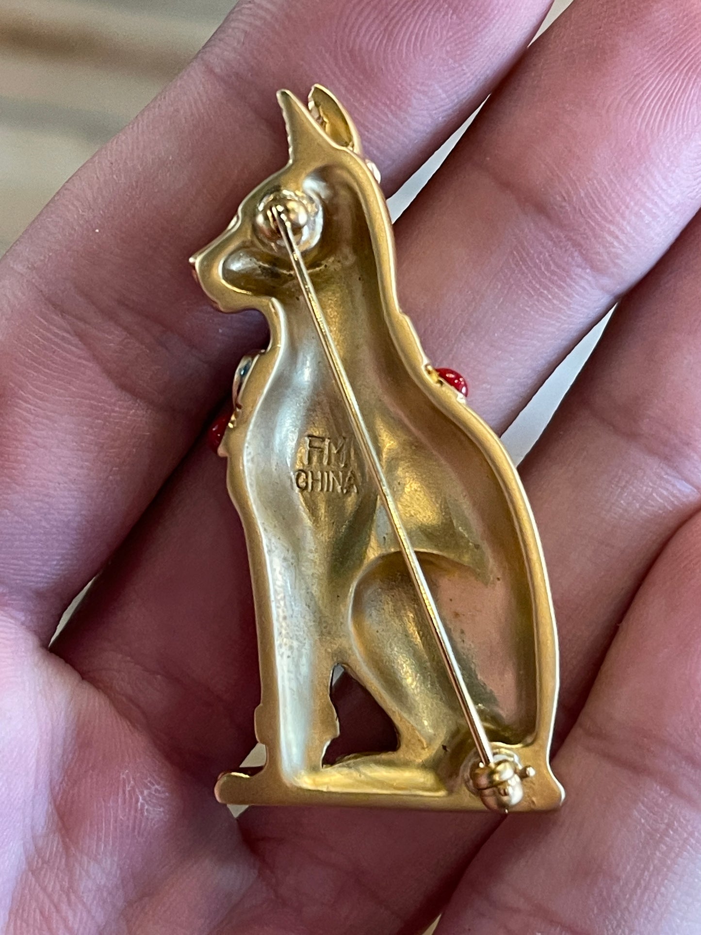 Franklin Mint Egyptian Cat Goddess Bast Brooch - 24K Gold & Ruby Red Carnelian