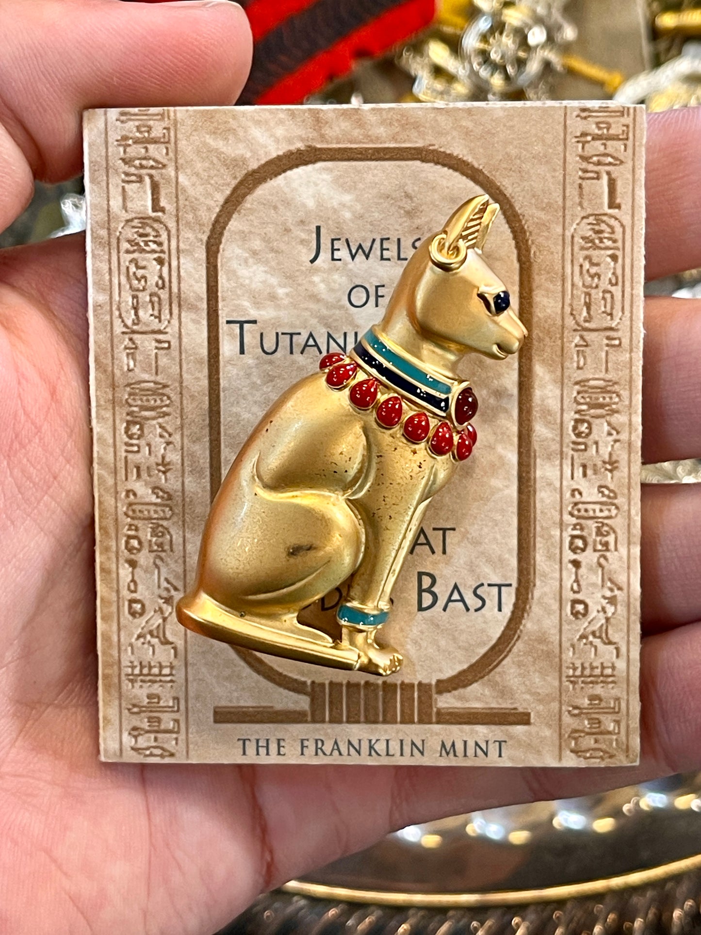 Franklin Mint Egyptian Cat Goddess Bast Brooch - 24K Gold & Ruby Red Carnelian