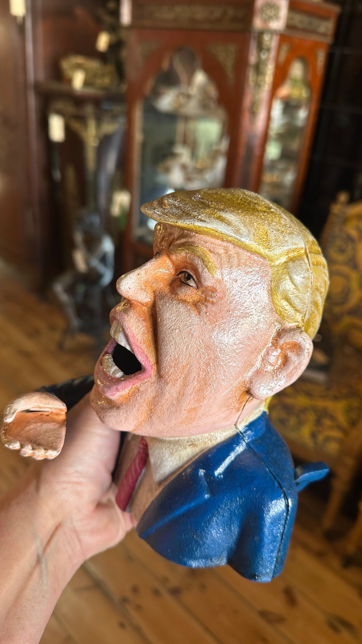 Donald Trump Cast Iron Mechanical Coin Bank, Hand Painted