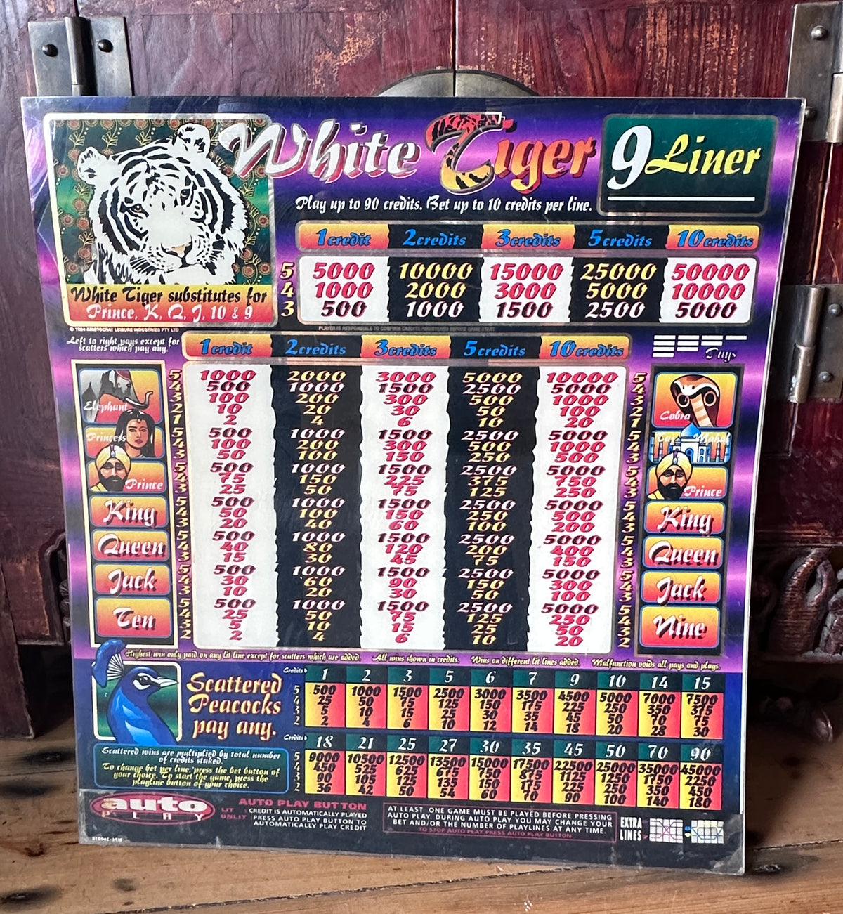Vintage Aristocrat "White Tiger" 9-Liner Slot Machine Glass Paytable Panel Art (56cm x 50cm)
