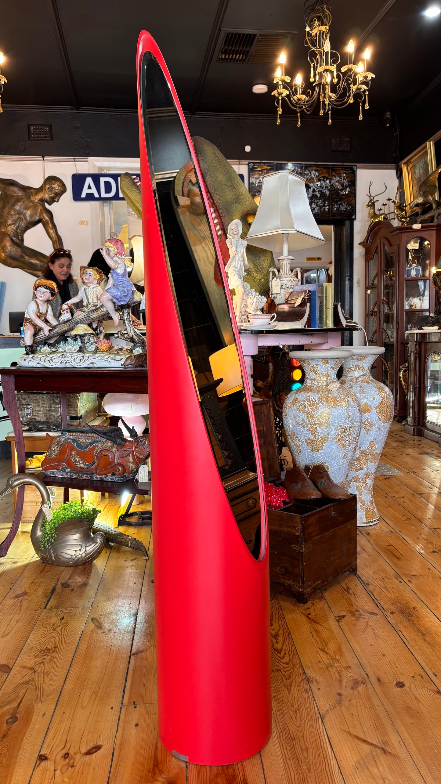 Vintage Postmodern Red Cylinder Mirror – Sculptural 1980s Design