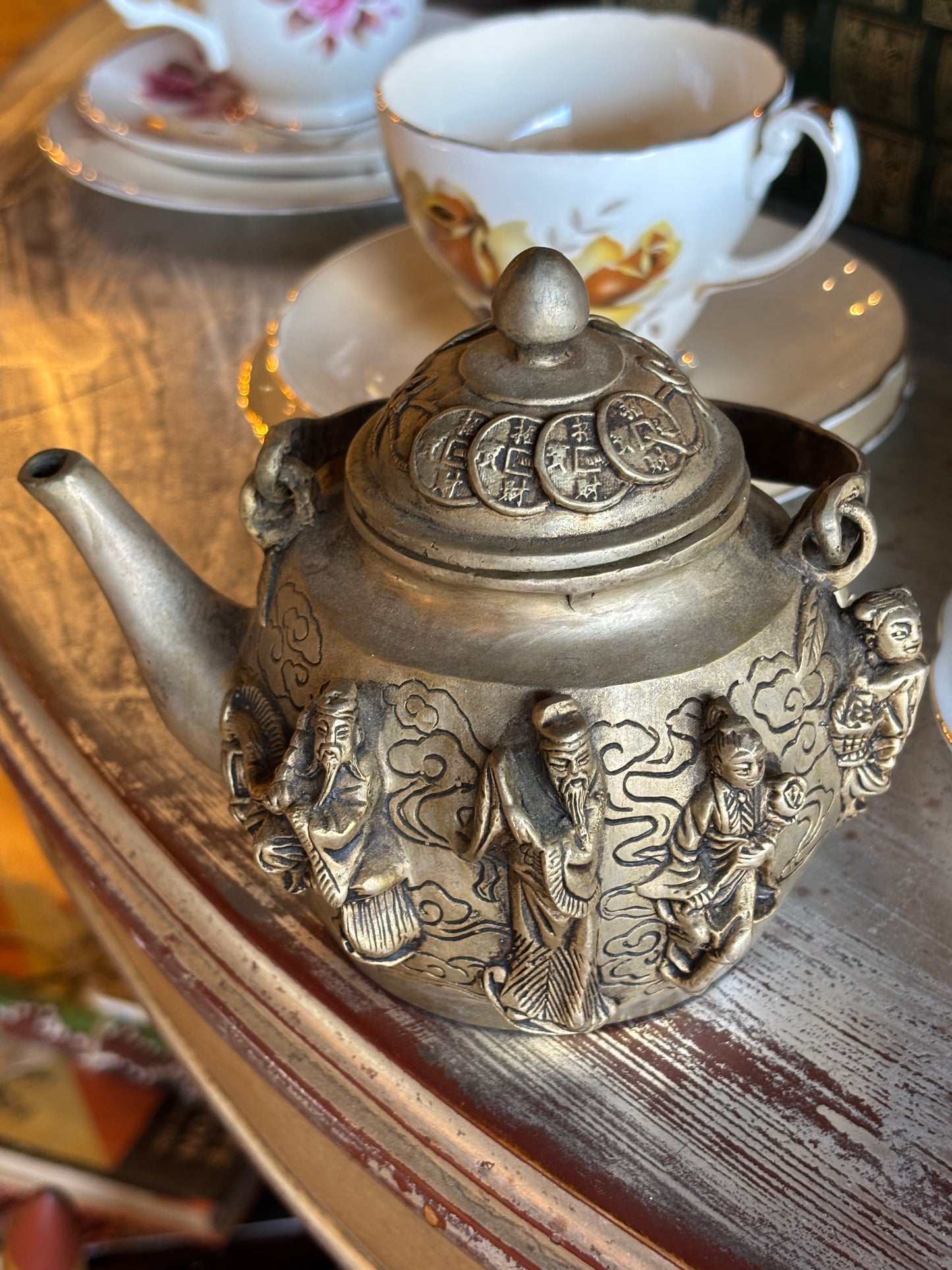 Vintage Chinese Brass Teapot – The Eight Immortals Relief & Coin Lid