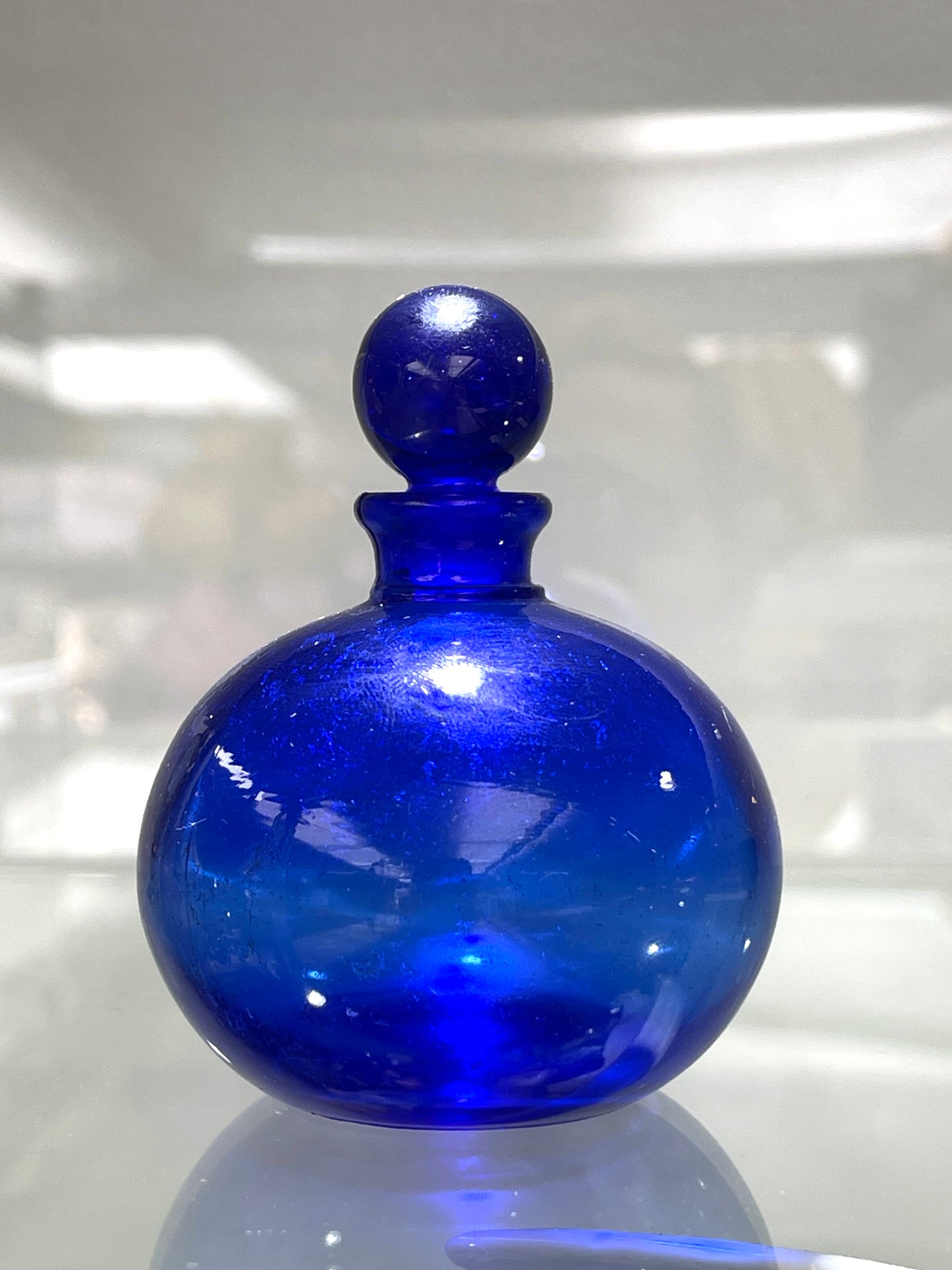 Vintage Bristol Blue Glass Circular Perfume Bottle with Stopper