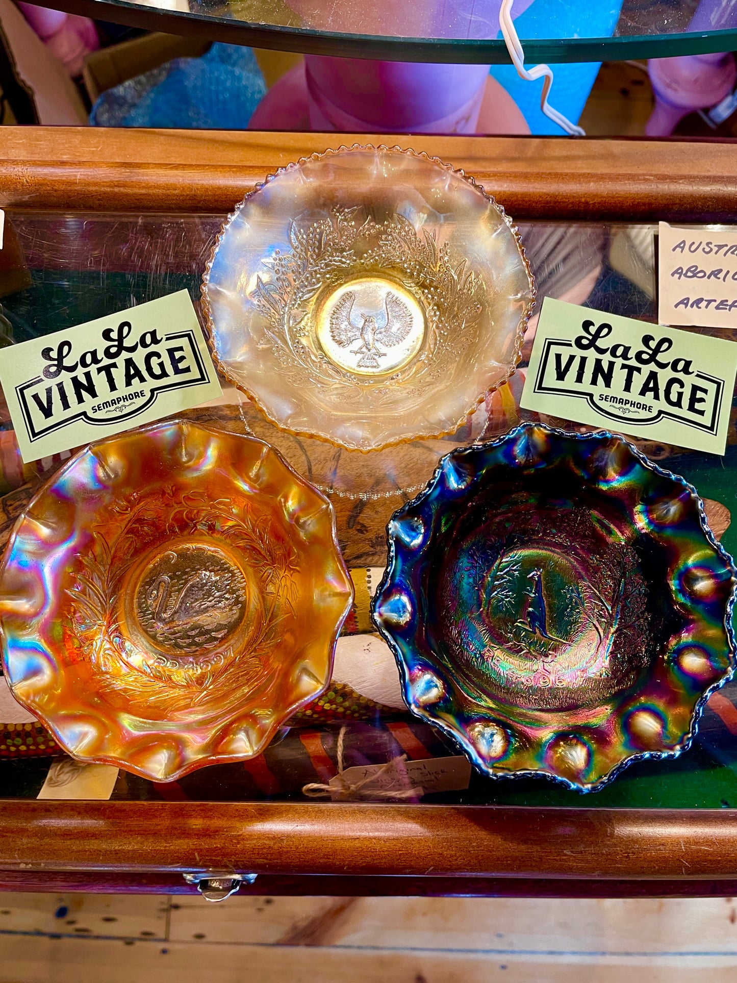 Carnival Glass Bowls Set of 3 Amethyst Kangaroo, Marigold Piping Shrike Bird and Marigold Swan - Australia 1920s