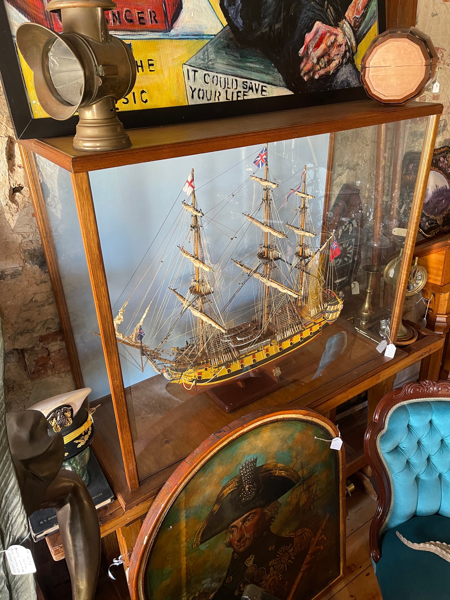 Huge Hand-Made Model Ship In Glass Display Case