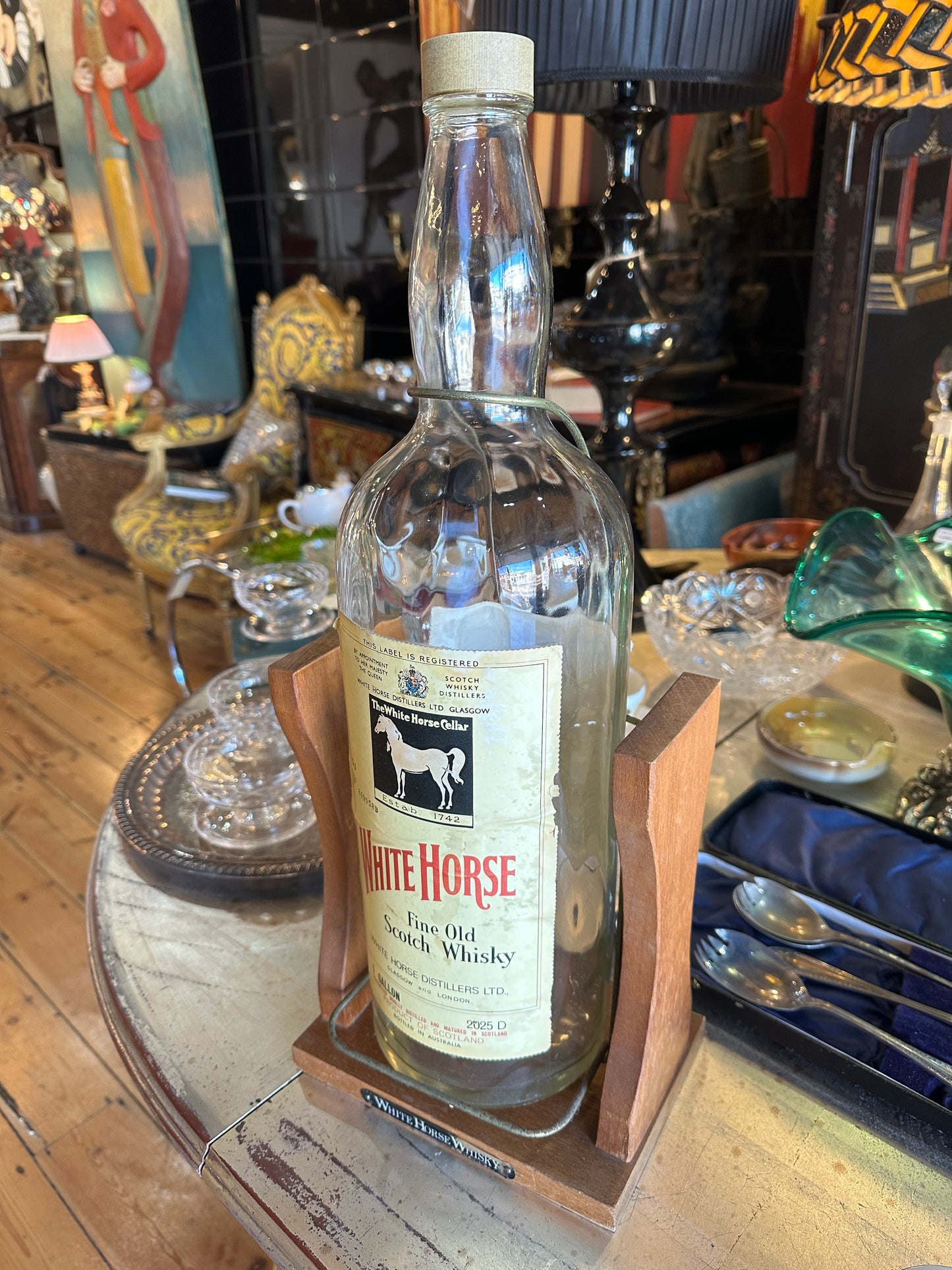 White Horse Whisky, Empty One Gallon Bottle on Pouring Stand