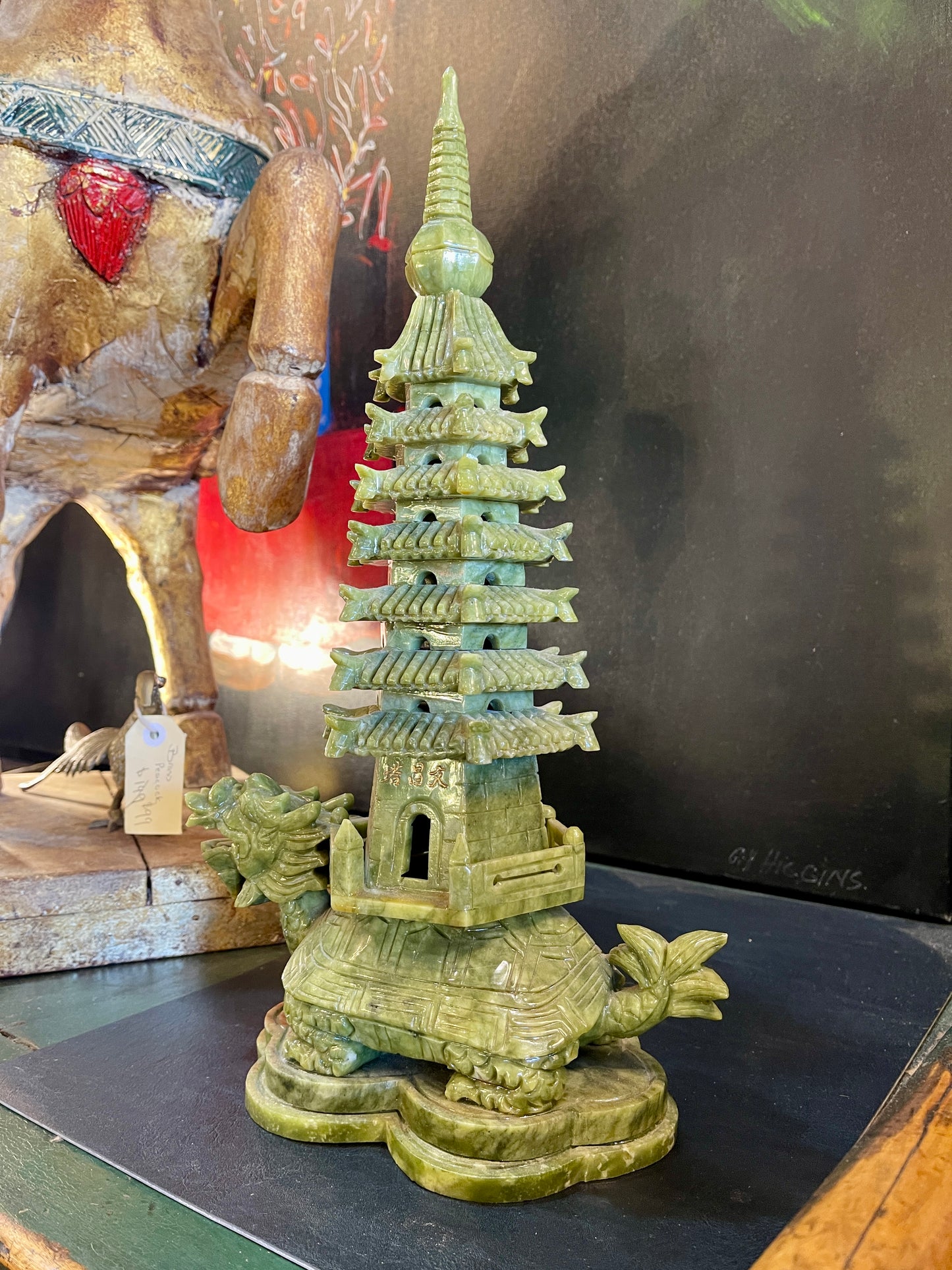 Hand-Carved Natural Jade Pagoda with Dragon Turtle Base – 40cm