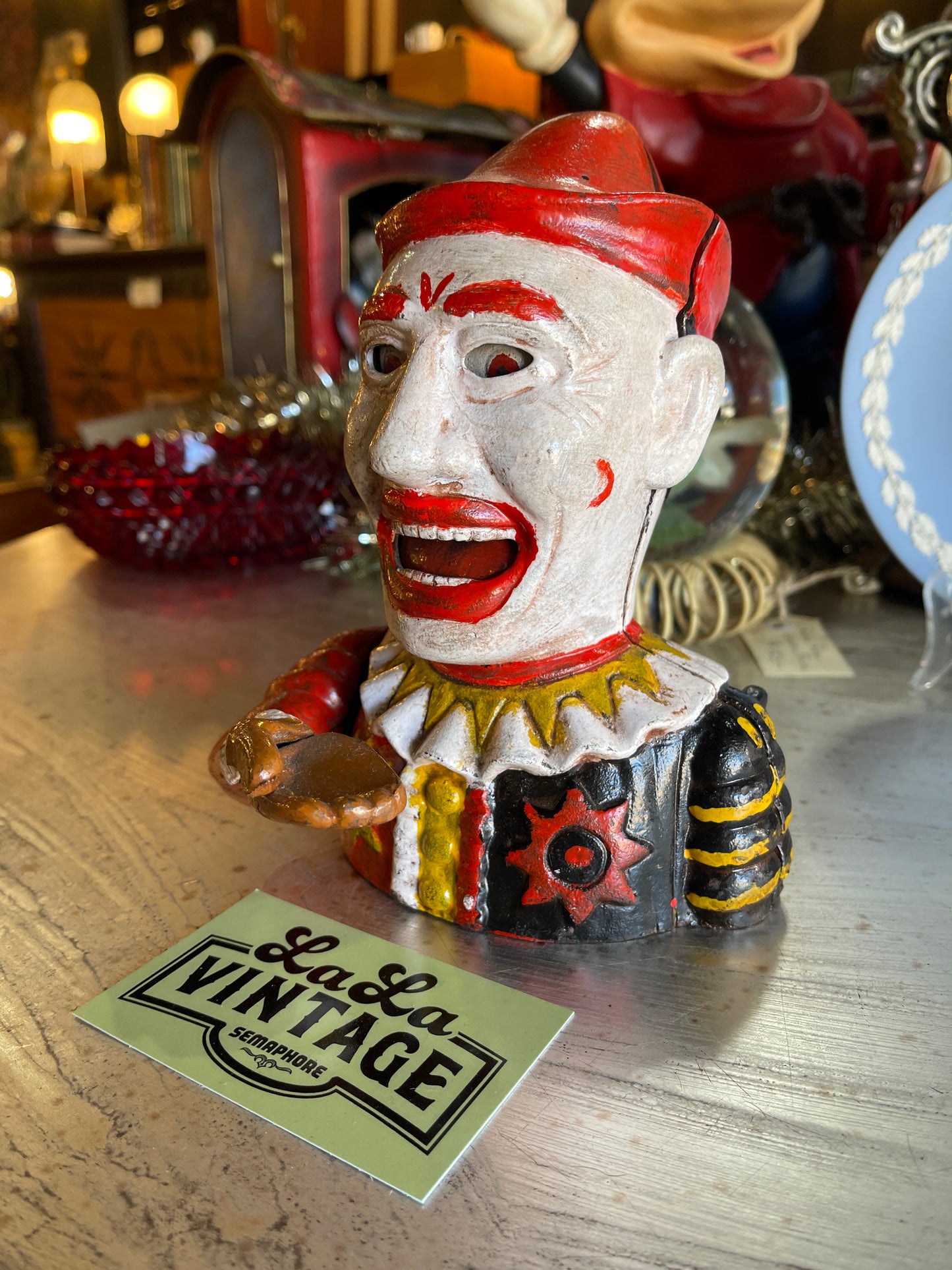 Hand-Painted Cast Iron Clown Moneybox – Vintage Coin Bank