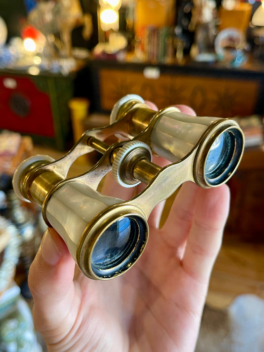 Antique Brass & Mother of Pearl Opera Glasses Binoculars with Velvet Purse - Circa 1890s