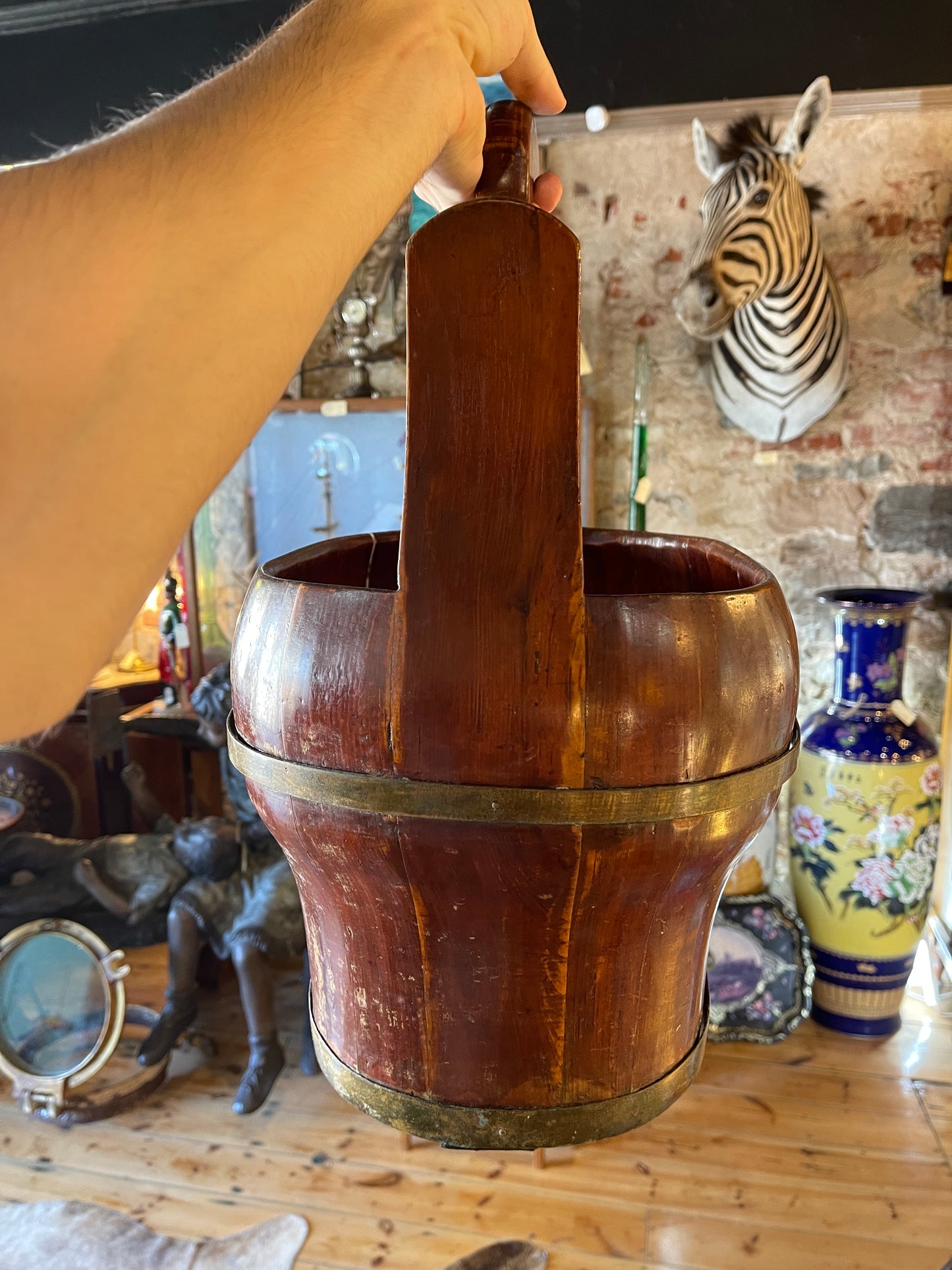 Antique Chinese Wooden Well Bucket with Brass Accents - Rustic Decor