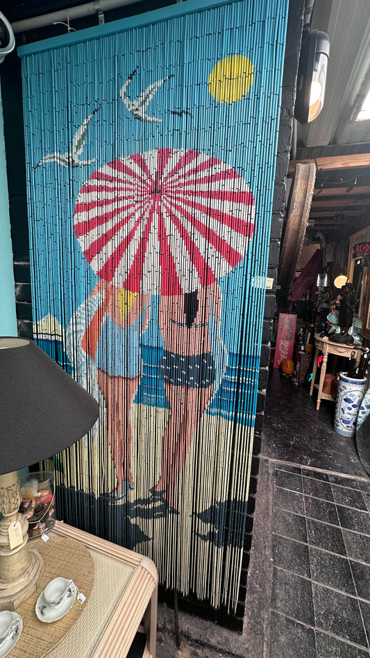 Retro Style Hand-Painted Bamboo Beaded Curtain - Beach Scene Room Divider