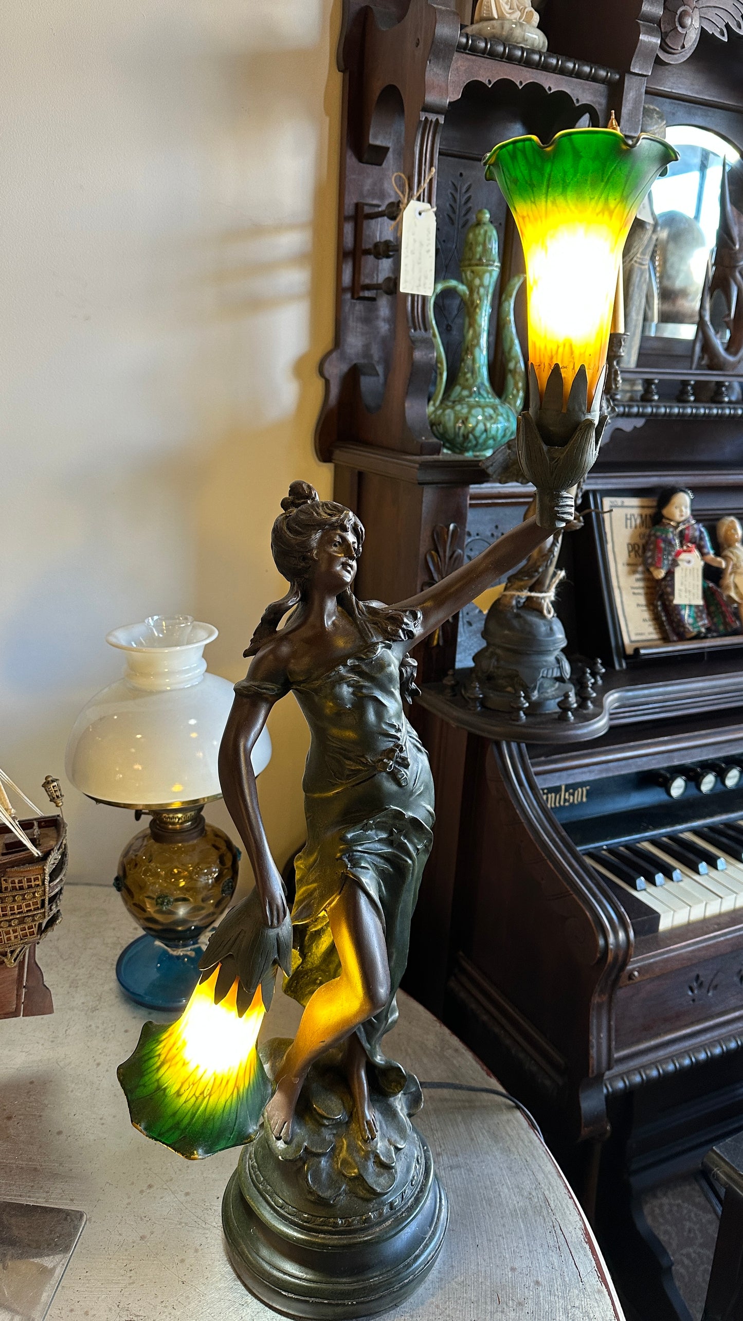 Art Nouveau figural table lamp titled "Lady Liberty”