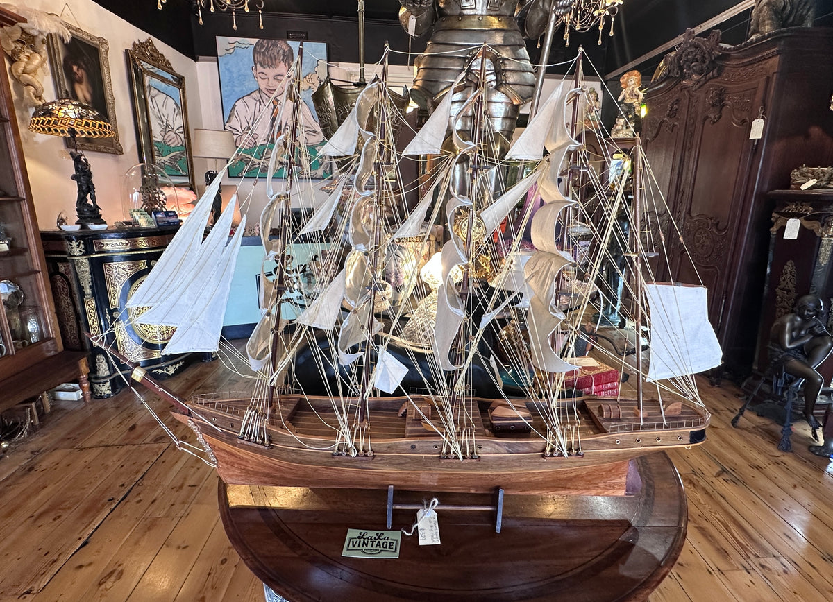 Vintage Five-Masted Barque Tall Ship Model – Large Hand-Built Hardwood Display Model with Cloth Sails, c.1970s–80s