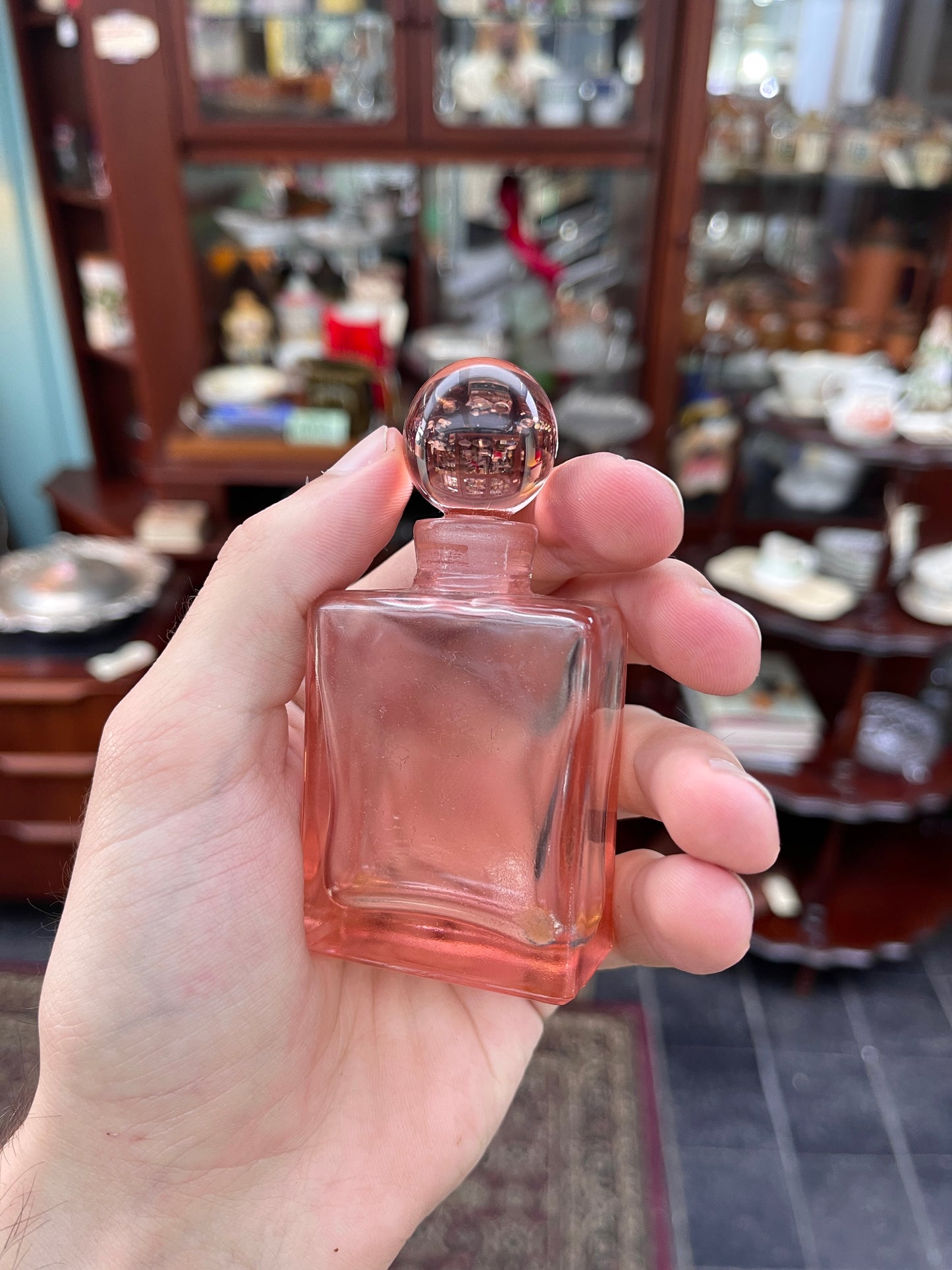 Antique Handcrafted Pink Glass Perfume Bottle with Stopper