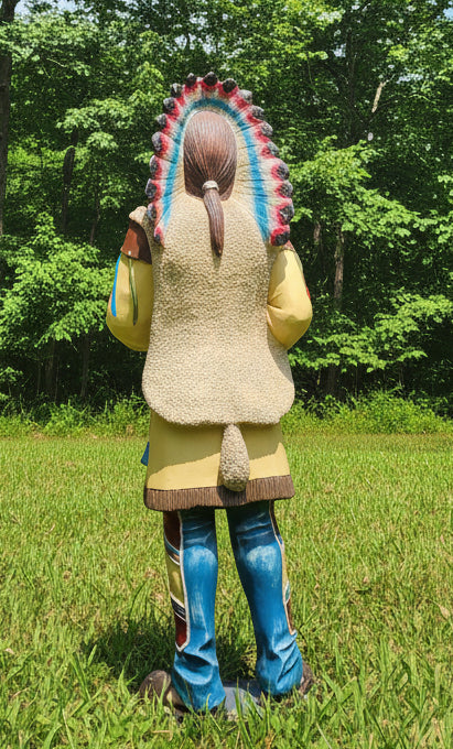 Life-size Native American Indian Chief fibreglass statue holding a tray and a menu board. Approx: 6” tall