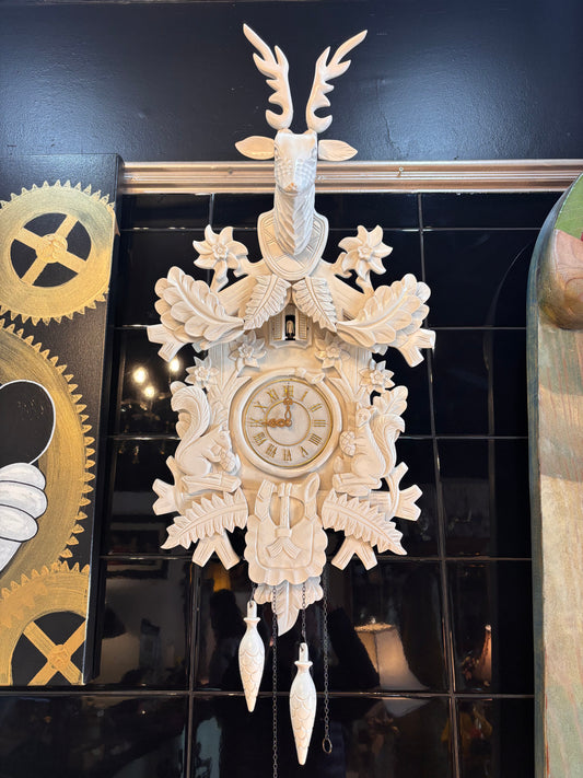 Large Modern Vintage White Stag Cuckoo Clock – Hand-Carved Chalet Style Wall Clock (approx 90 cm)