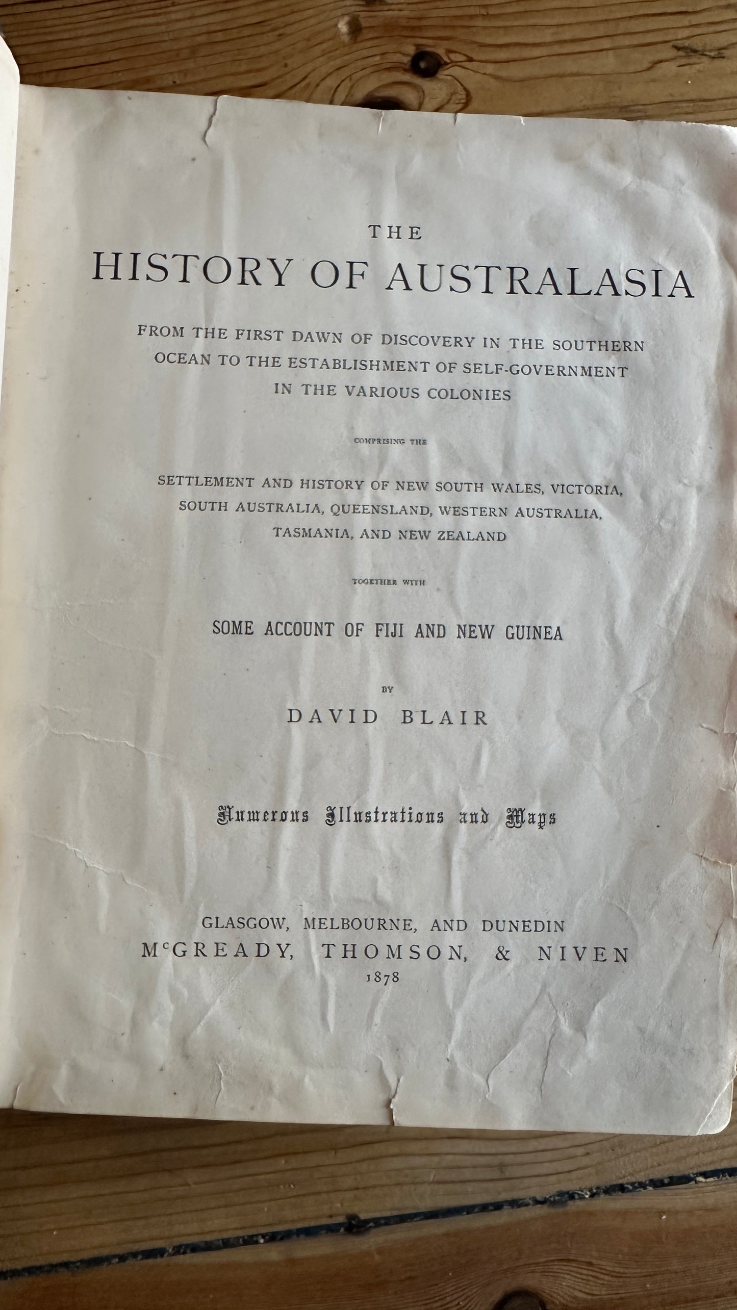 Antique leather-bound 1878 edition of The History of Australasia by David Blair, published by McGready, Thomson & Niven