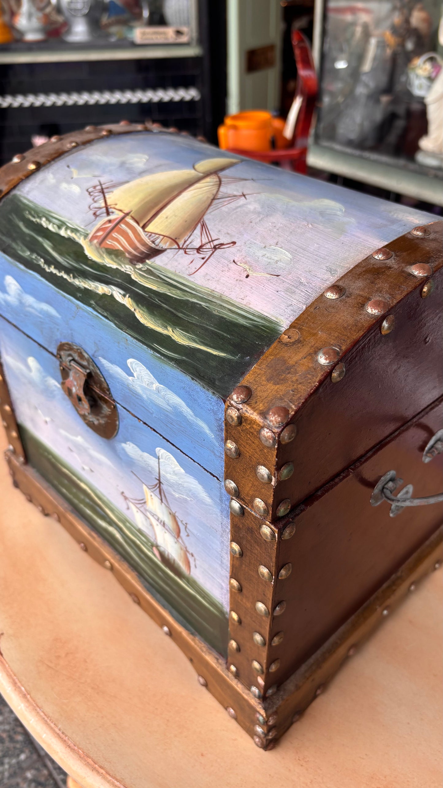 Mid-Century Hand-Painted Nautical Treasure Chest – Folk Art Style (c. 1960s–1980s)