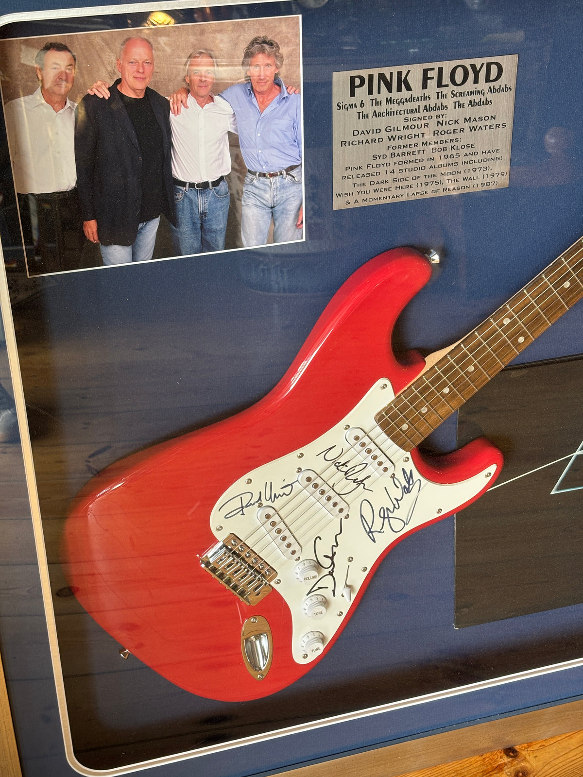 Pink Floyd Signed Guitar Display – Framed Squier Stratocaster with Dark Side of the Moon LP & COA | La La Vintage