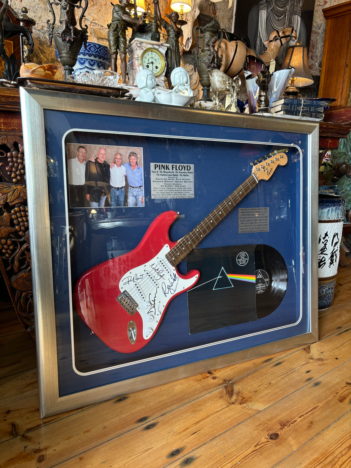 Pink Floyd Signed Guitar Display – Framed Squier Stratocaster with Dark Side of the Moon LP & COA | La La Vintage