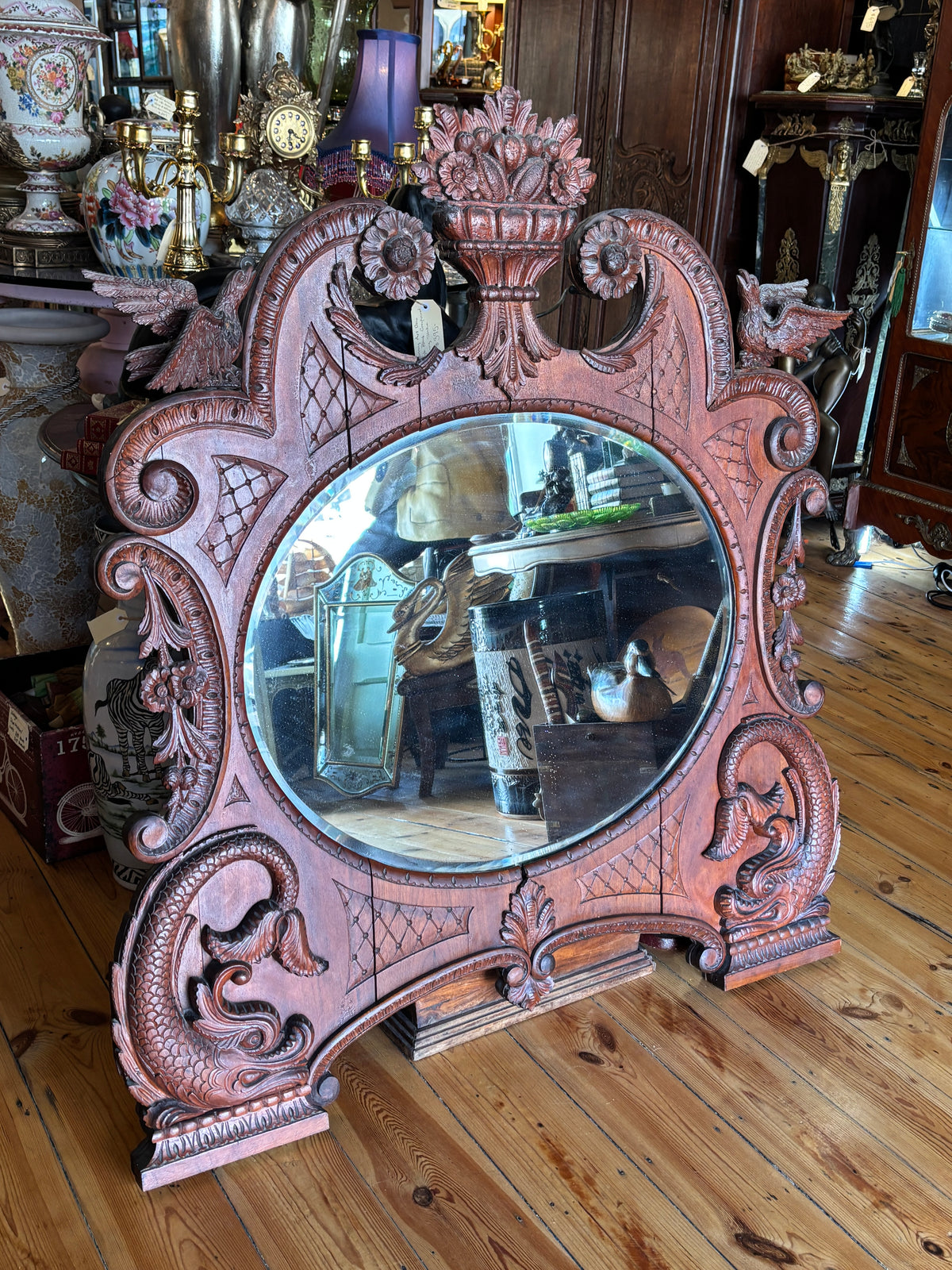 Antique Hand Carved Bird Mirror with Fish | Continental Baroque Revival c.1900 | 124cm