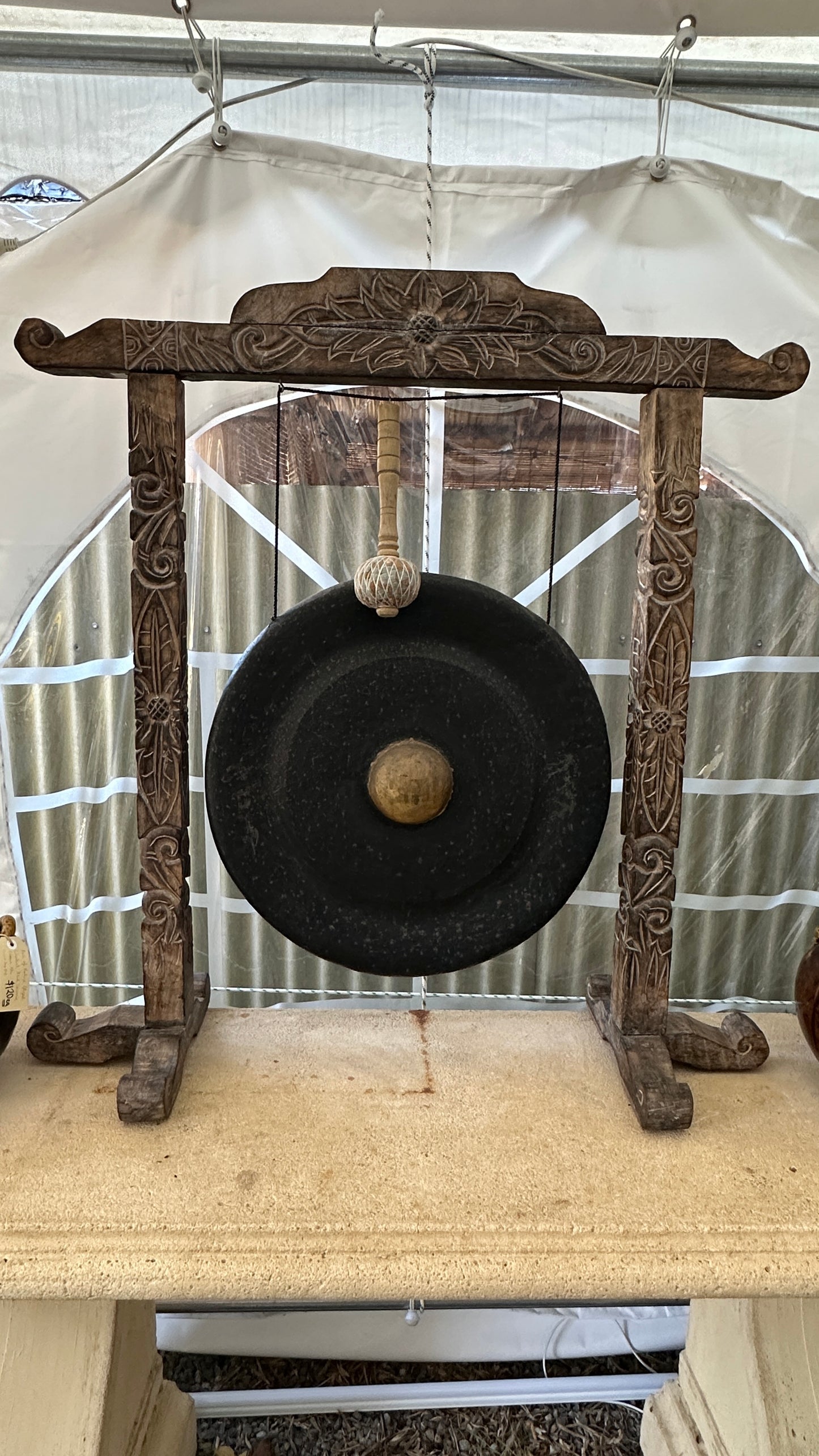 Large Ornate Carved Dinner Gong with Stand