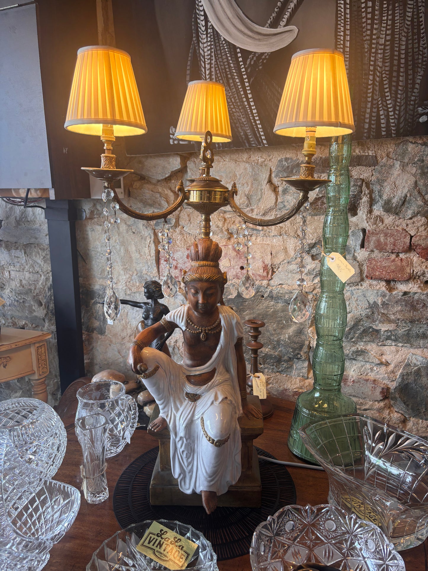Large Figural Orientalist Table Lamp – Glazed Ceramic & Brass, 3-Light Candelabra, c. 1920s–40s