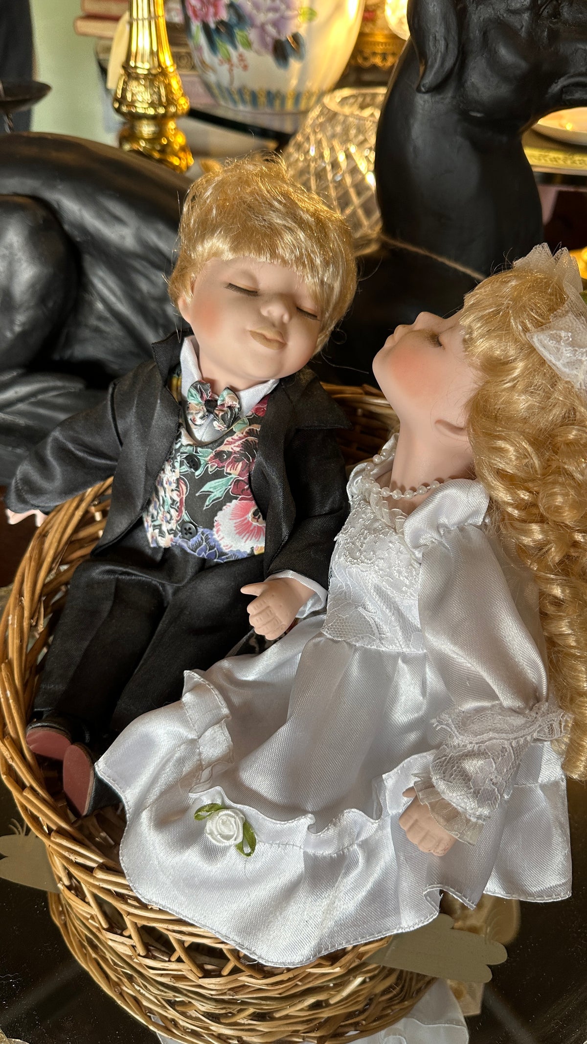 Bride and Groom, porcelain dolls in a basket