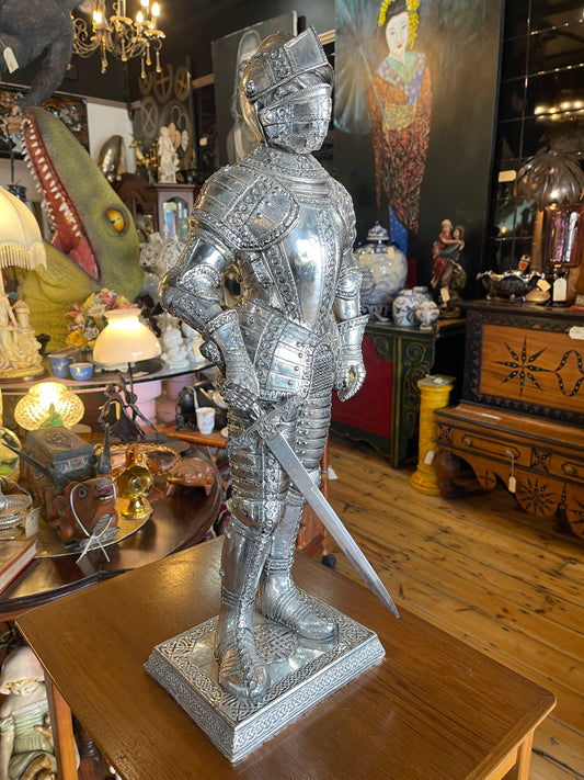 Vintage Ceramic Knight Statue with Sword – Ornate Medieval Decor