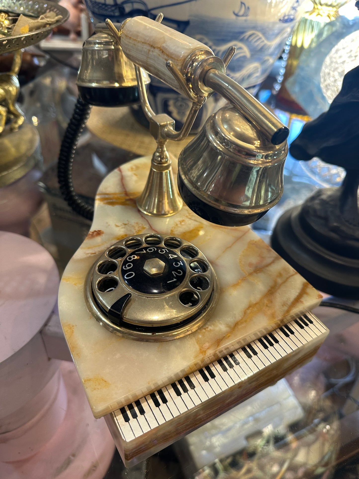 Vintage Onyx and Brass Grand Piano shaped Novelty Telephone