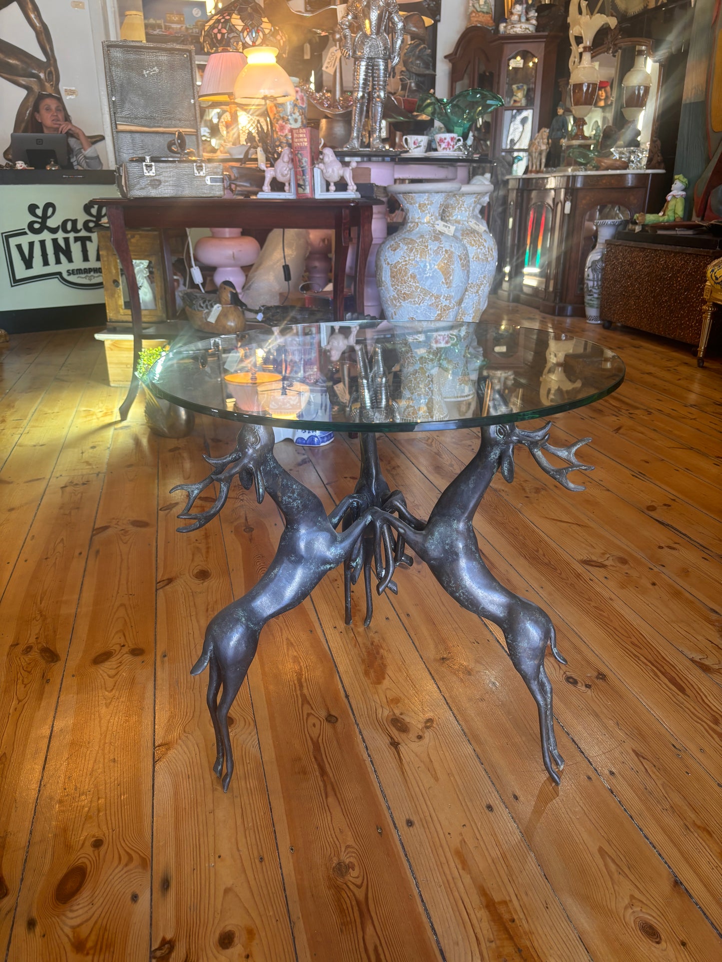 Vintage Bronze Deer Coffee Table with Circular Glass Top | Sculptural Animal Base | Mid-Century Style | 60cm