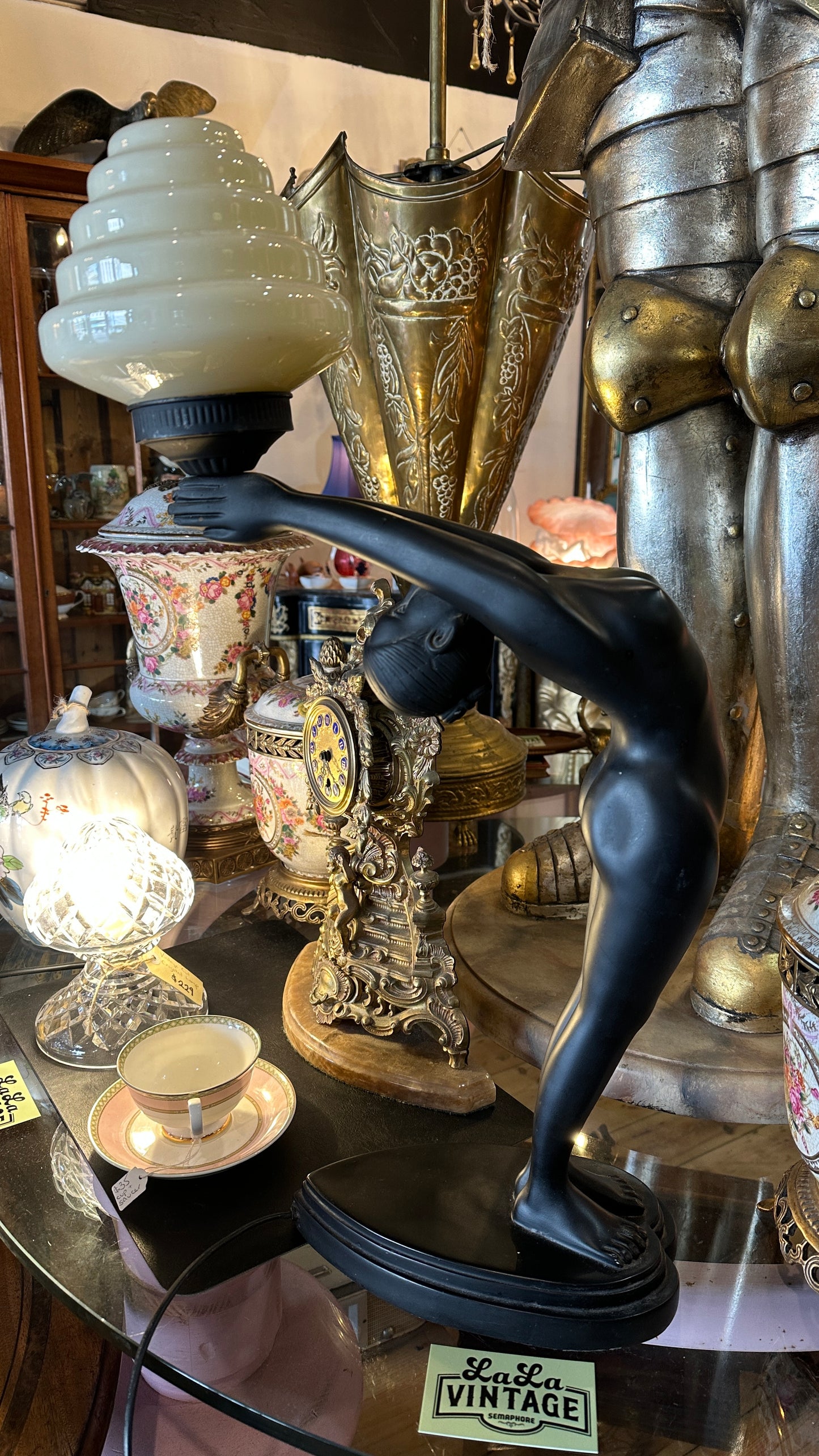Art Deco Table Lamp in Matte Black with Tiered Glass Shade