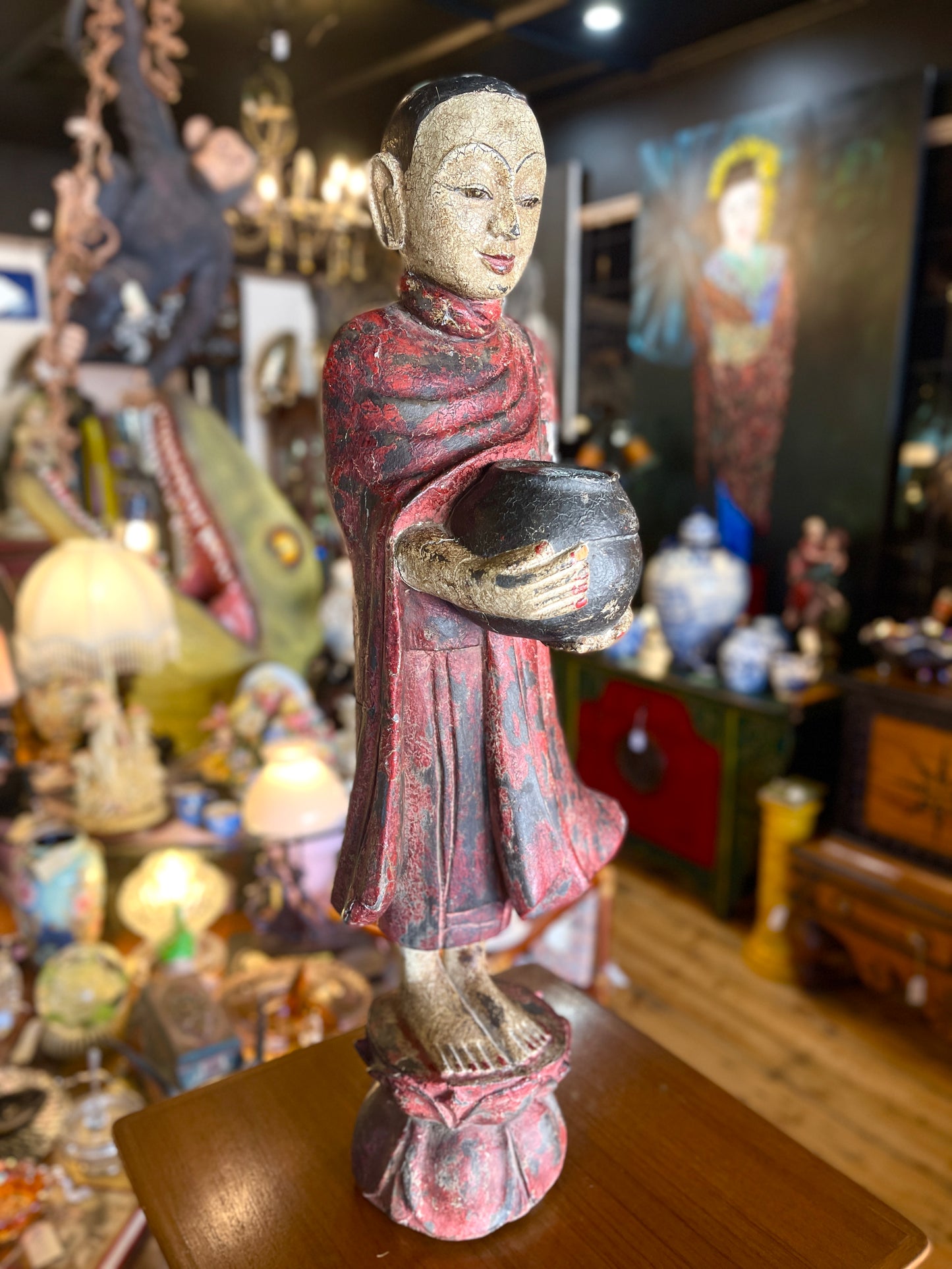 Antique Burmese Buddhist Monk Statue – Hand-Carved & Painted