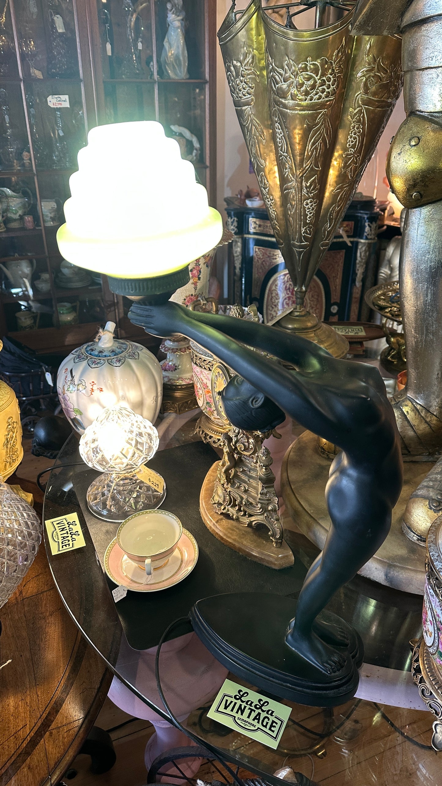 Art Deco Table Lamp in Matte Black with Tiered Glass Shade