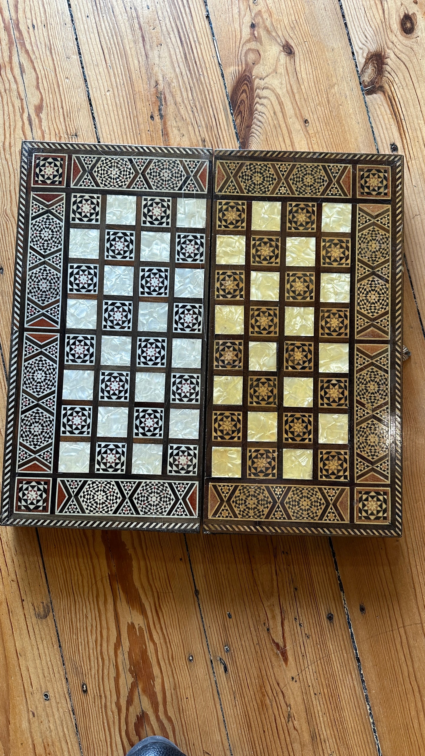 Vintage Syrian/Egyptian mosaic marquetry chess and backgammon board featuring intricate inlaid mother-of-pearl