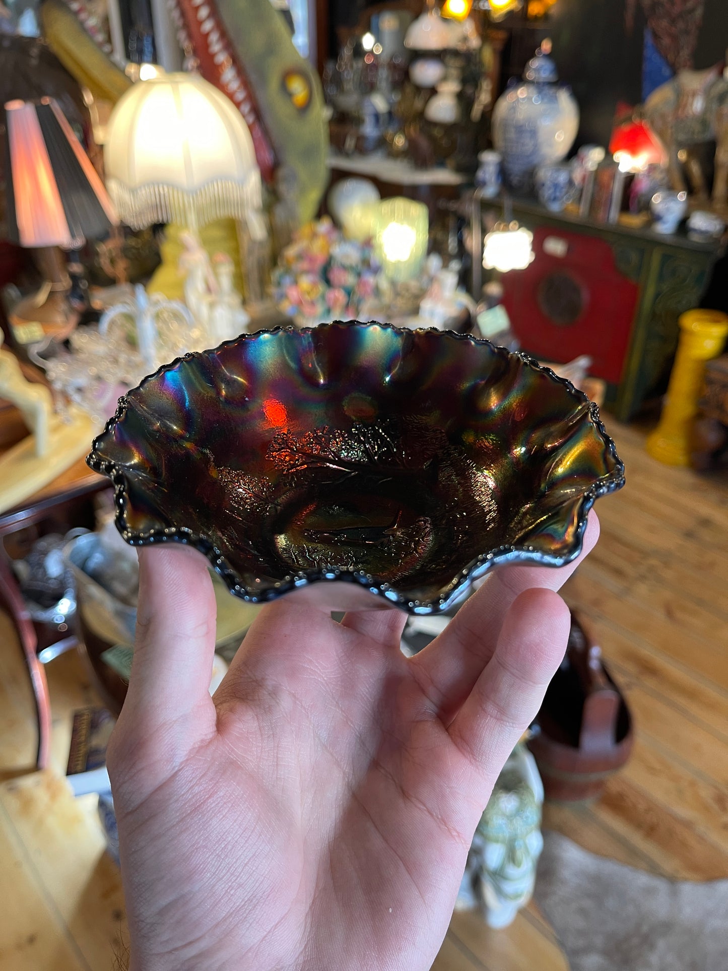 Carnival Glass Bowls Set of 3 Amethyst Kangaroo, Marigold Piping Shrike Bird and Marigold Swan - Australia 1920s