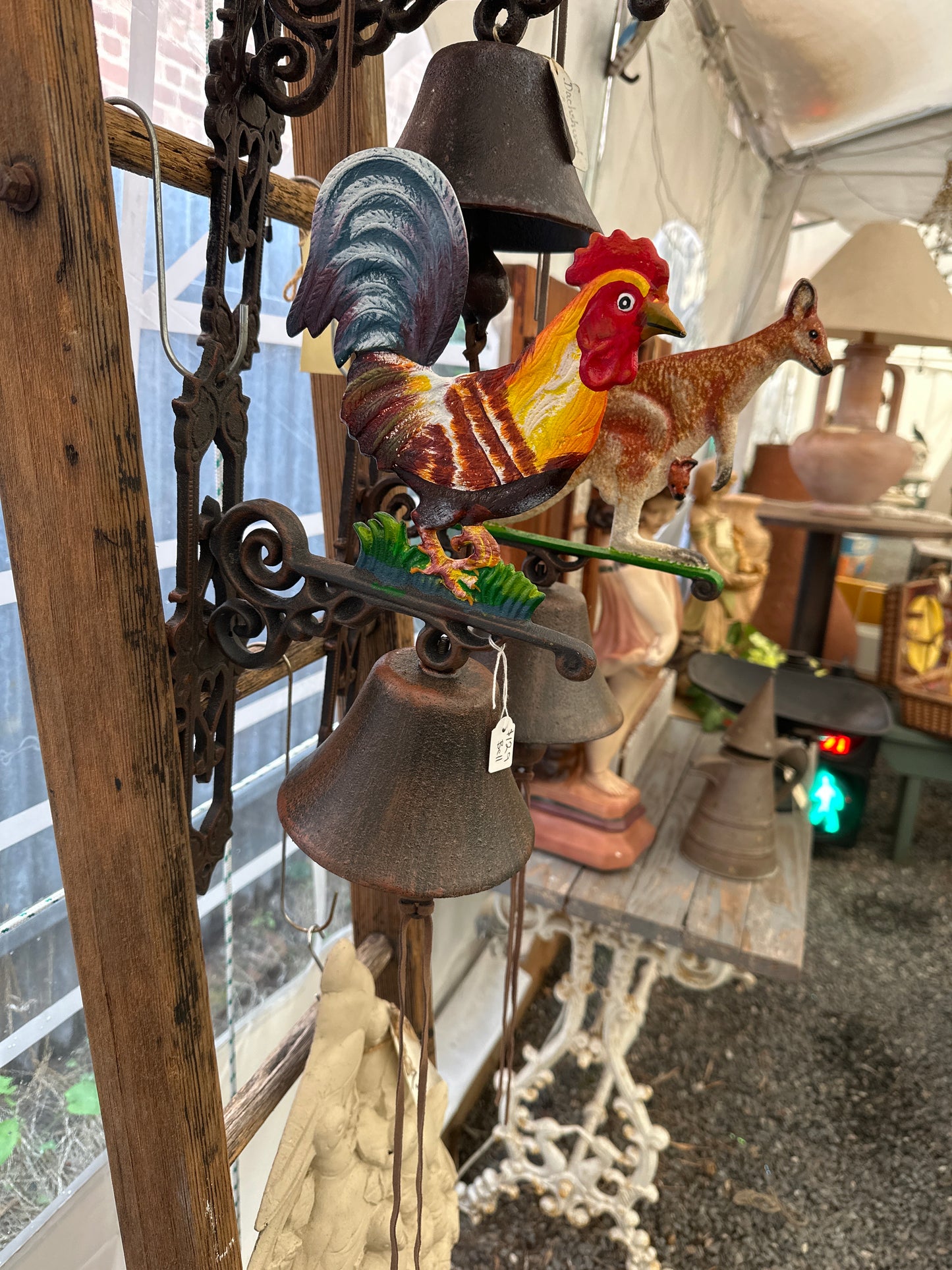Vintage Style Cast Iron Rooster Dinner Bell | Rustic Painted Farmhouse Doorbell Reproduction