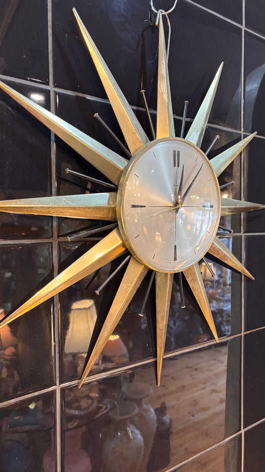 Vintage 1960s Metamec Starburst Wall Clock – Working Mid-Century Nickel & Black Design (60cm)