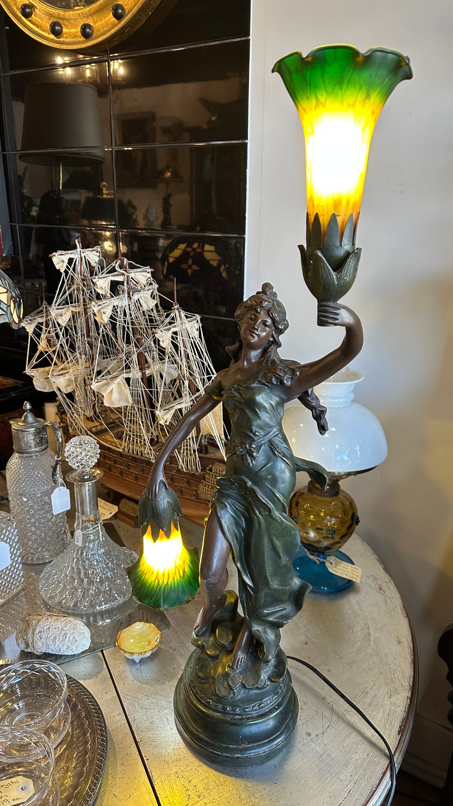 Art Nouveau figural table lamp titled "Lady Liberty”
