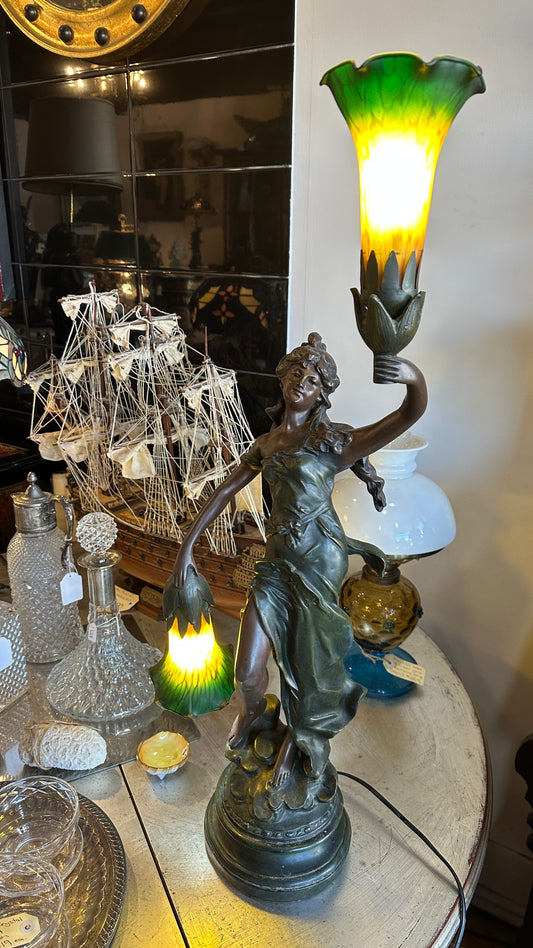 Art Nouveau figural table lamp titled "Lady Liberty”